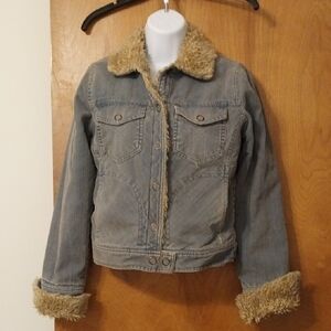 American Eagle Outfitters Distressed Blue Cord Jacket with Tan Faux Fur Detail